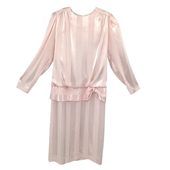Alexis Women's Pink 11/12 Satin Stripe Blouson Puffed Shoulder Dress 80’s Vtg - Picture 2 of 9